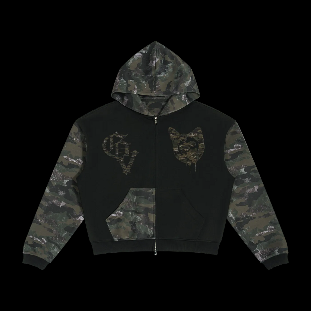 Unisex Colorblock Camo Full Zip Boxy Hoodie